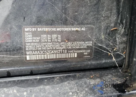 2016 BMW 320 Xi из США, поврежденный, VIN WBA8A3C52GK552118